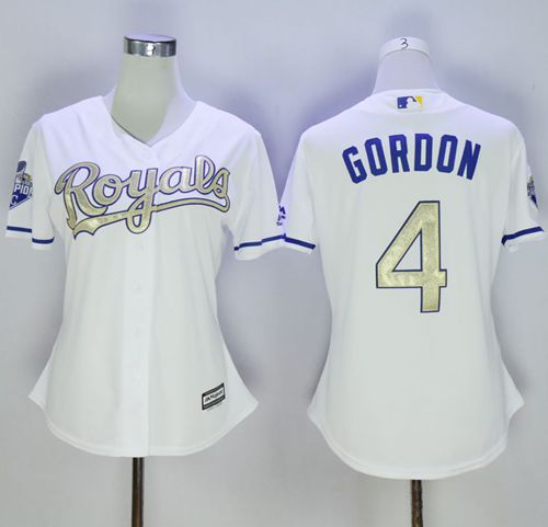 Royals #4 Alex Gordon White 2015 World Series Champions Gold Program Cool Base Women's Stitched MLB Jersey